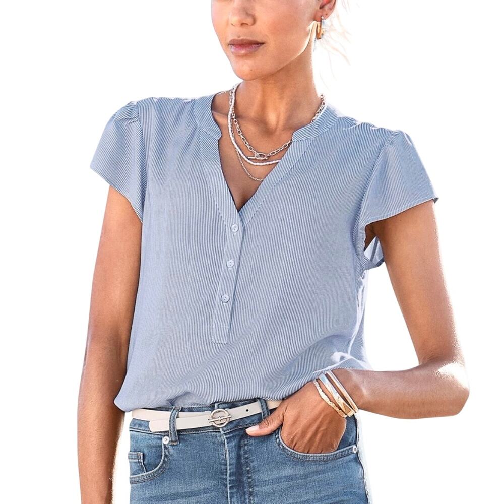 Venus x Lascana Blue White Striped Short Sleeve Blouse Top Large